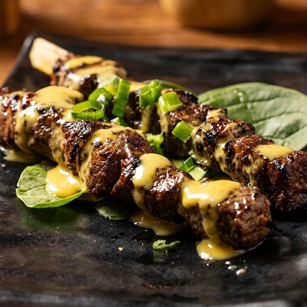Two beef skewers with yellow sauce and green onions on a dark plate with spinach.