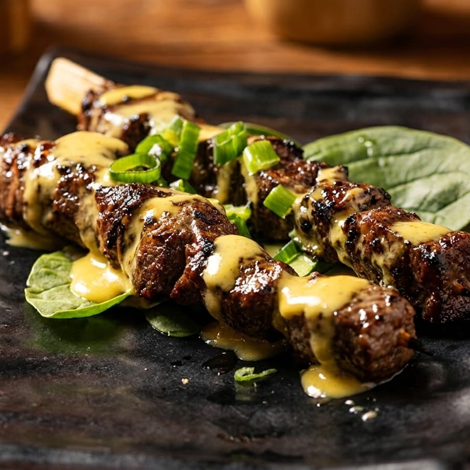 Grilled meat skewers with yellow sauce, green onions, and spinach on a dark rectangular plate.