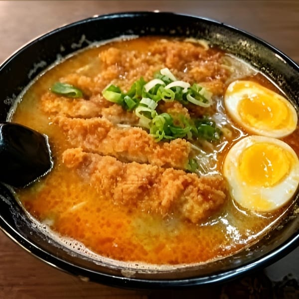 A black bowl of ramen with crispy chicken, soft-boiled eggs, and green onions.
