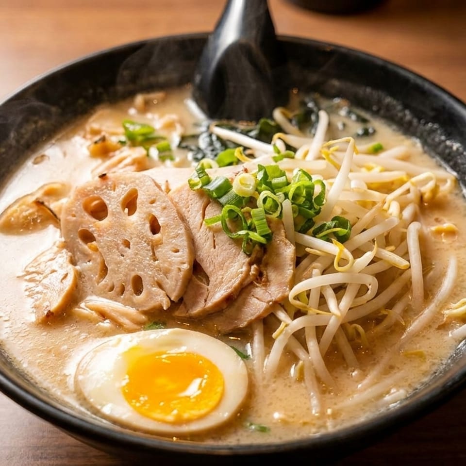 Steaming bowl of ramen with pork, lotus root, bean sprouts, green onions, and a soft-boiled egg.
