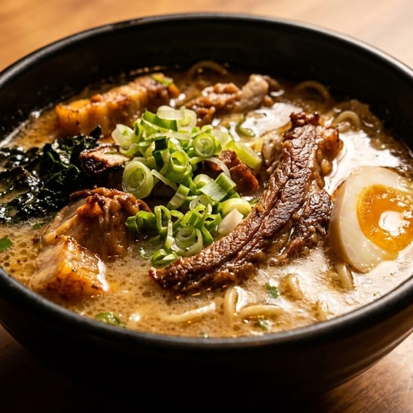 Close-up of a ramen bowl with broth, noodles, pork belly, green onions, and a soft-boiled egg.