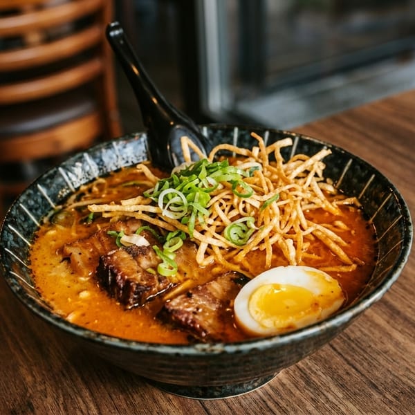 A bowl of ramen with pork belly, a soft-boiled egg, crispy noodles, and green onions.