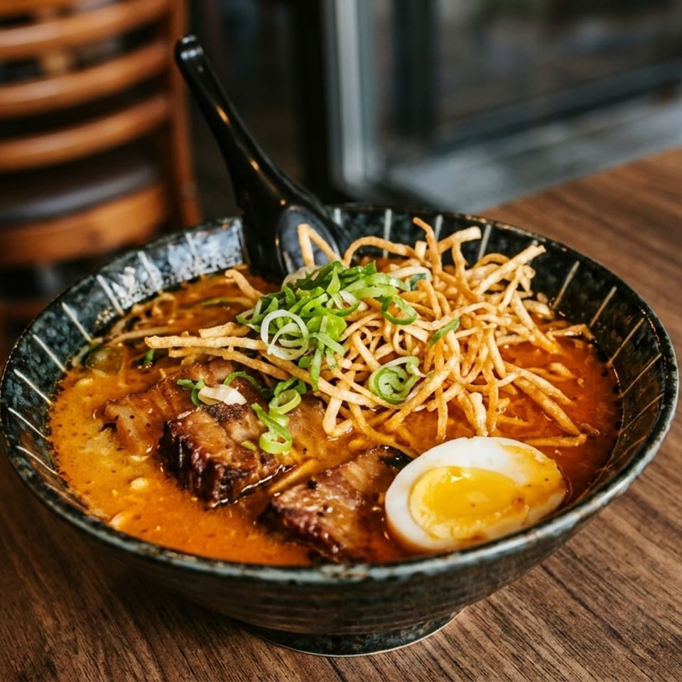 A bowl of ramen with pork belly, a soft-boiled egg, crispy noodles, and green onions.