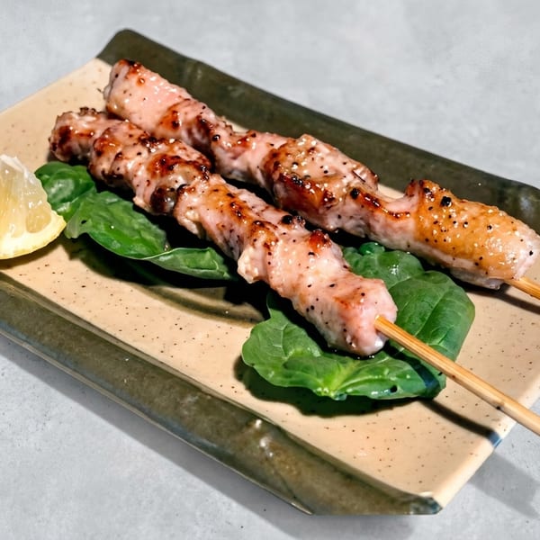 Two grilled chicken skewers with spinach and a lemon wedge on a rectangular plate.