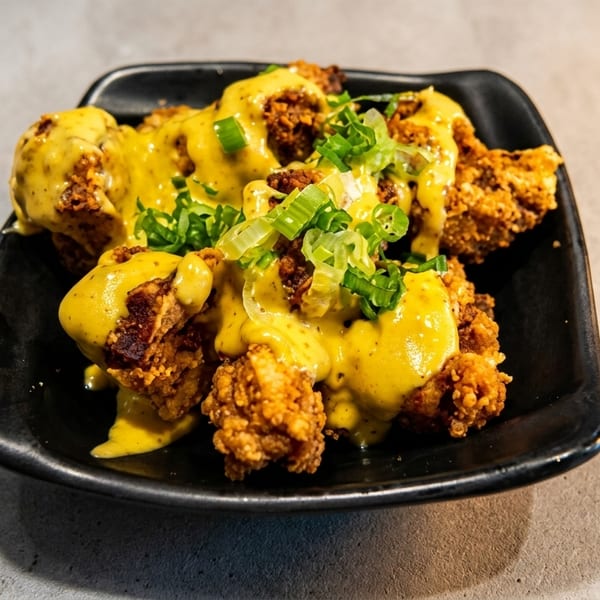 Crispy fried chicken bites drizzled with yellow sauce and garnished with sliced green onions.