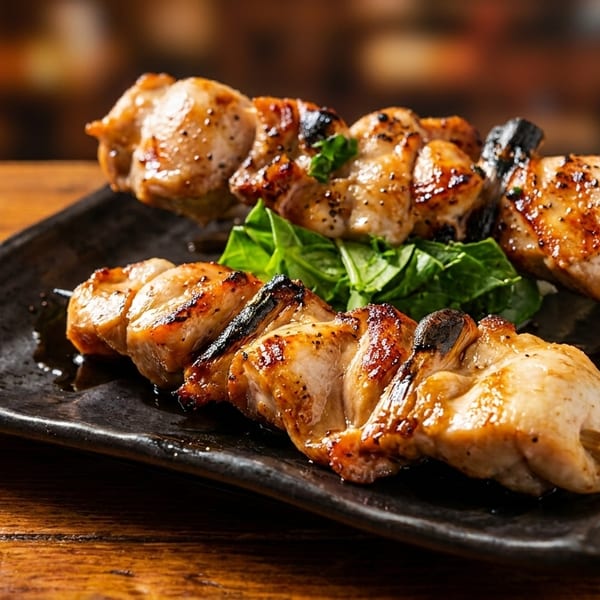 Two skewers of grilled chicken yakitori with green garnish on a black plate.