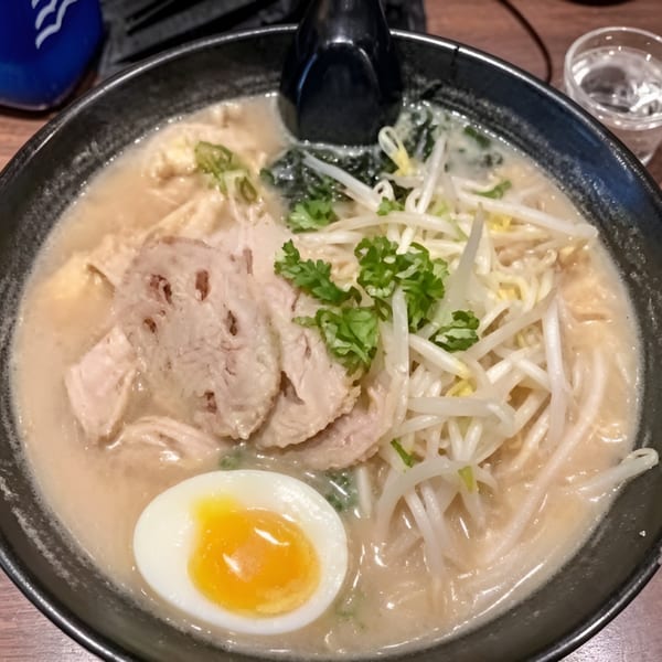 A close-up of a bowl of ramen with pork, bean sprouts, a soft-boiled egg, and greens.