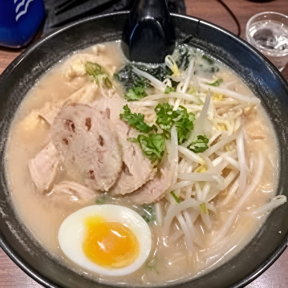 A close-up of a bowl of ramen with pork, bean sprouts, a soft-boiled egg, and greens.