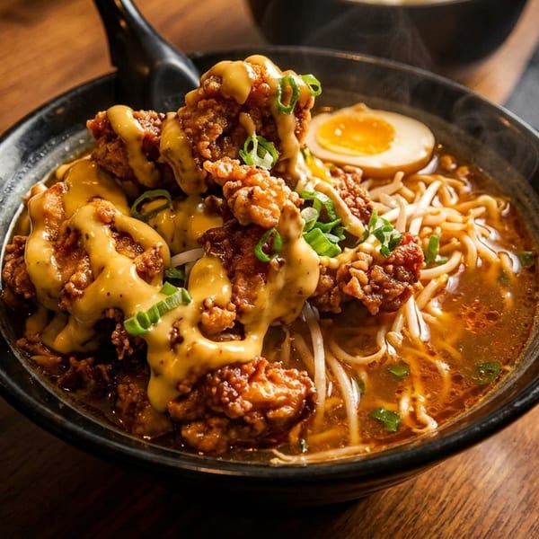 A steaming bowl of ramen with crispy fried chicken, a soft-boiled egg, and green onions.