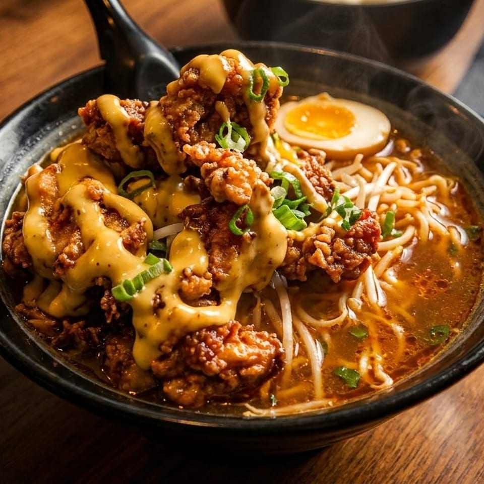 A steaming bowl of ramen with crispy fried chicken, a soft-boiled egg, and green onions.