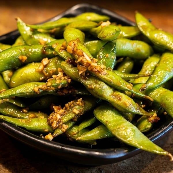 A black bowl filled with bright green edamame pods, topped with minced garlic and sauce.
