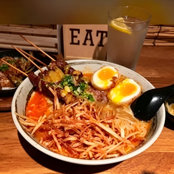 Spicy ramen bowl with skewers, soft-boiled eggs, and a glass of water on a wooden table.