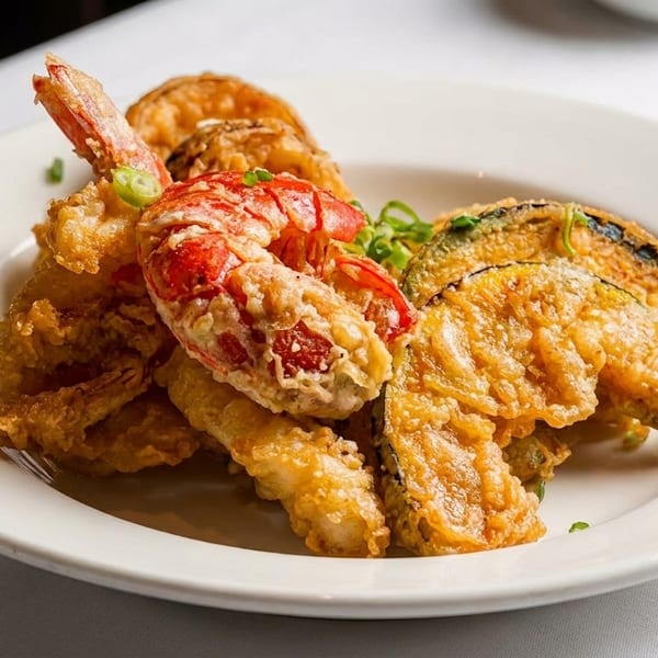 Crispy fried shrimp and zucchini tempura, garnished with green onions, on a white plate.
