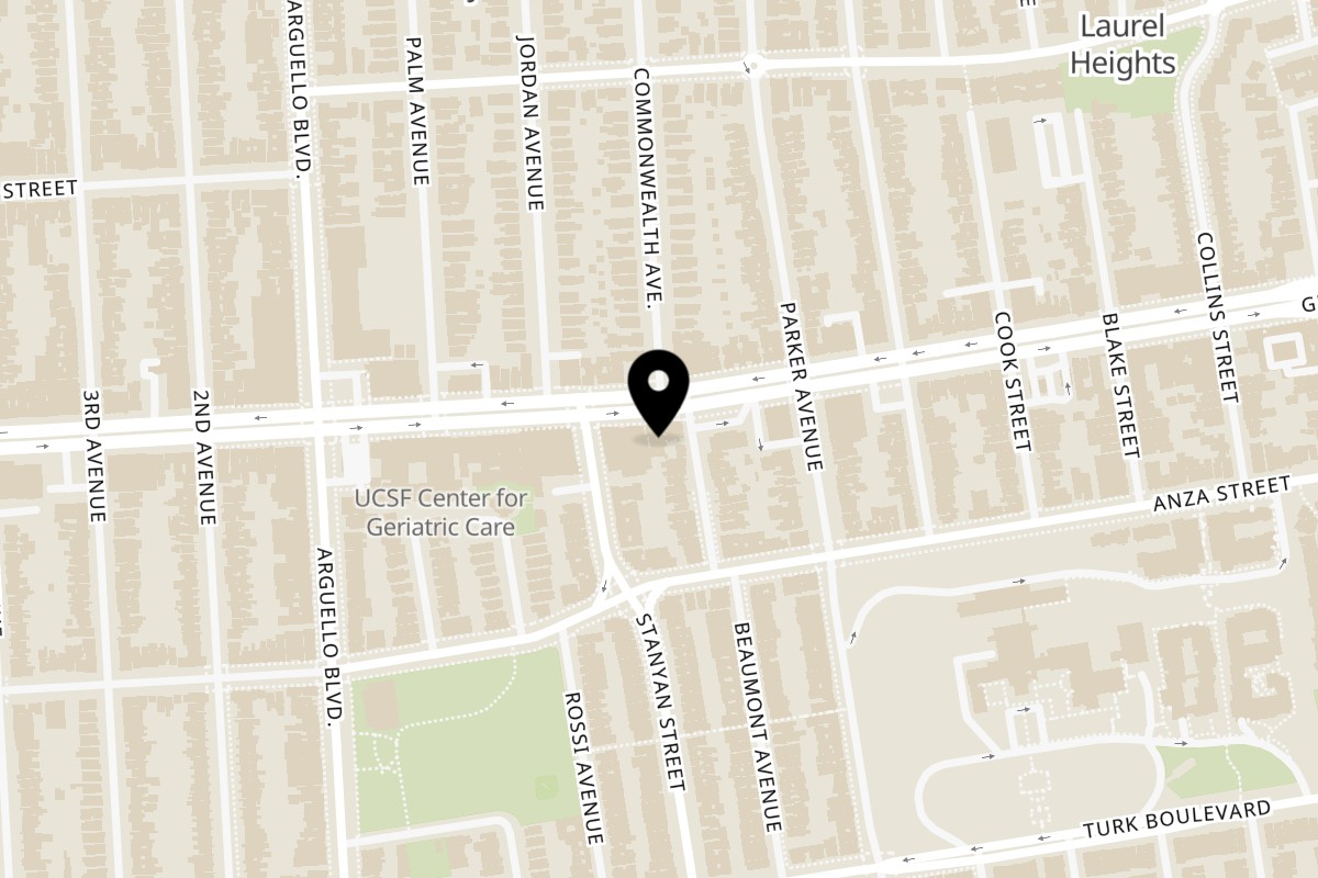 Map showing the location of Kaiju Eats Ramen & Izakaya on 3409 Geary Blvd in San Francisco